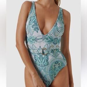 MELISSA ODABASH Blue Belize Plunge Belted 1-Piece Swimsuit S 6‎